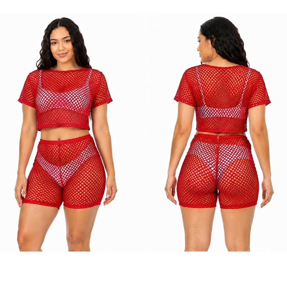 American Leisure Women's Red Mesh Two Piece Set Crop Top Shorts Size S NWT